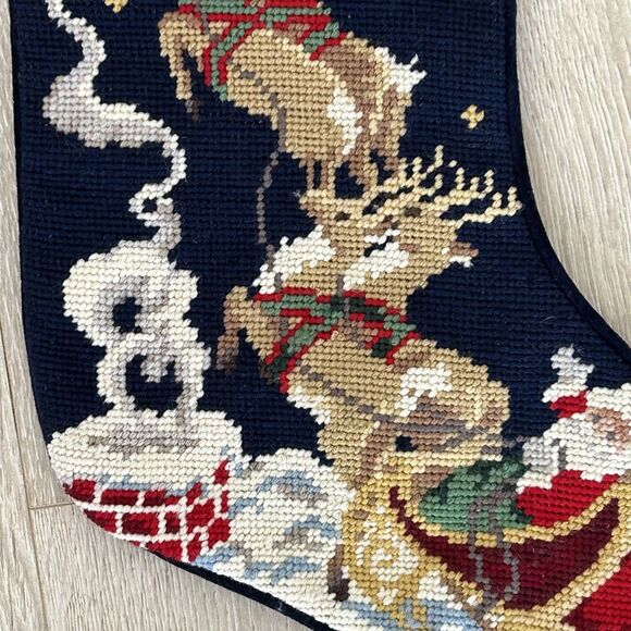 Lands End Needlepoint Stocking Santa Clause Sleigh Reindeer "Julie" Monogram - Picture 5 of 7